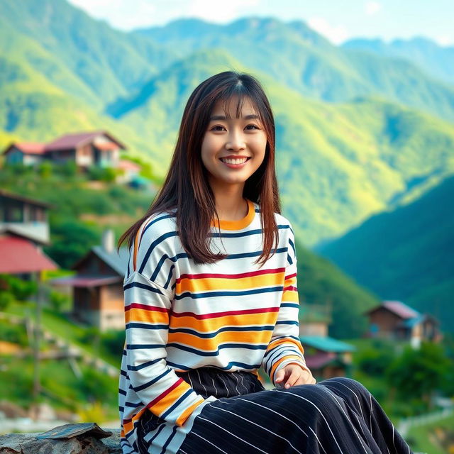 A beautiful Korean woman wearing a long striped t-shirt, sitting facing the camera with a gentle smile, her straight hair cascading down her shoulders