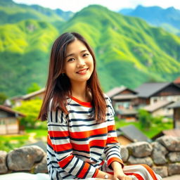 A beautiful Korean woman wearing a long striped t-shirt, sitting facing the camera with a gentle smile, her straight hair cascading down her shoulders