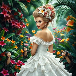 A stunning white Cuban woman wearing an extravagant 1800s-style white dress, complete with intricate lace and ruffles