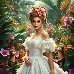 A stunning white Cuban woman wearing an extravagant 1800s-style white dress, complete with intricate lace and ruffles