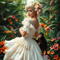 A stunning white Cuban woman wearing an extravagant 1800s-style white dress, complete with intricate lace and ruffles