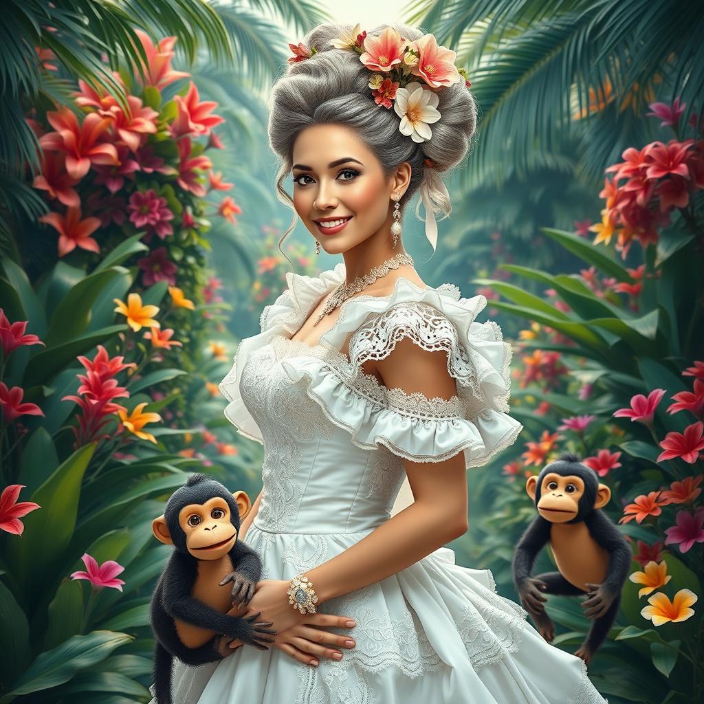 A stunning white Cuban woman wearing an extravagant 1800s-style white dress, complete with intricate lace and ruffles