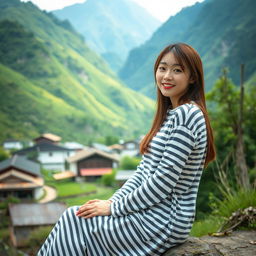 A beautiful Korean woman in a long striped t-shirt, sitting and facing the camera with a gentle smile