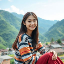 A beautiful Korean woman in a long striped t-shirt, sitting and facing the camera with a gentle smile