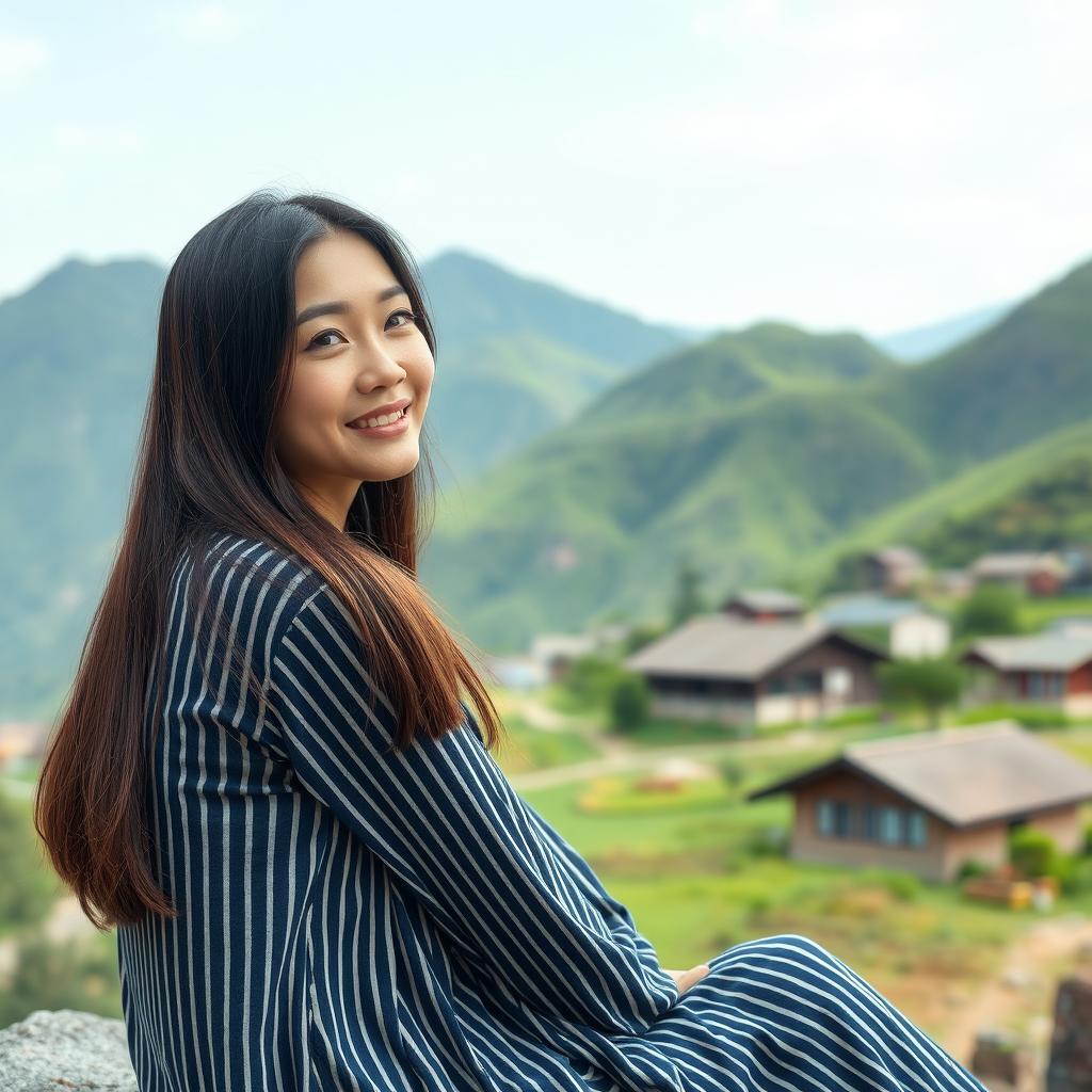 A beautiful Korean woman in a long striped t-shirt, sitting and facing the camera with a gentle smile