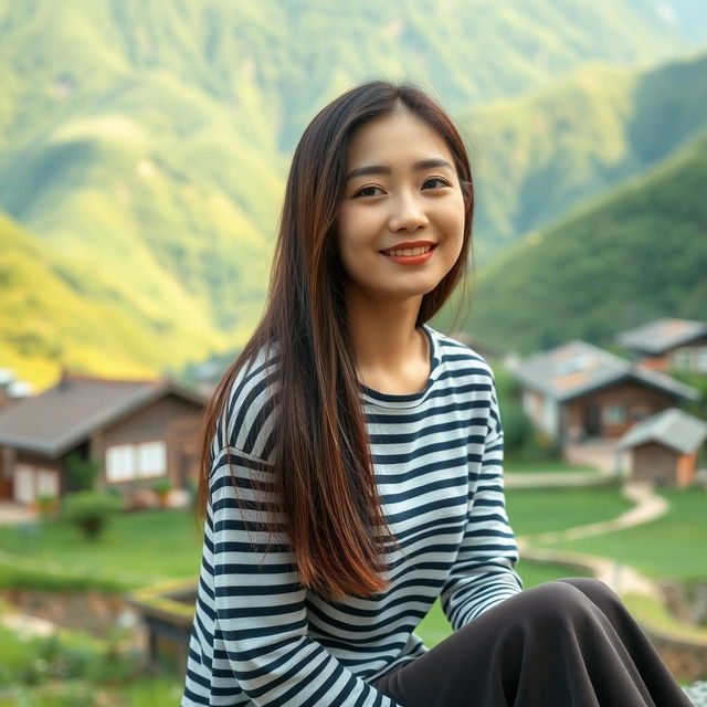 A beautiful Korean woman in a long striped t-shirt, sitting and facing the camera with a gentle smile