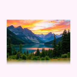 A stunning digital landscape featuring a serene mountain range with a vibrant sunset casting warm hues of orange and pink across the sky