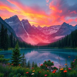 A stunning digital landscape featuring a serene mountain range with a vibrant sunset casting warm hues of orange and pink across the sky