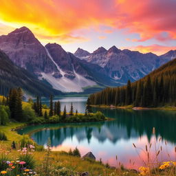 A stunning digital landscape featuring a serene mountain range with a vibrant sunset casting warm hues of orange and pink across the sky