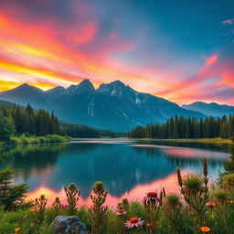 A stunning digital landscape featuring a serene mountain range with a vibrant sunset casting warm hues of orange and pink across the sky
