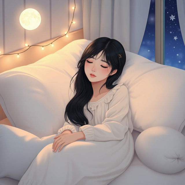 A serene scene of a Korean girl peacefully sleeping in her bedroom at night, surrounded by soft pillows and blankets, with a gentle moonlight illuminating her beautiful features