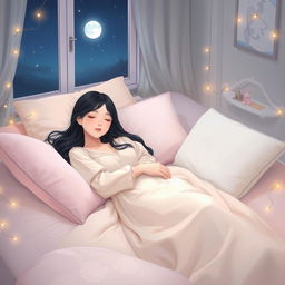 A serene scene of a Korean girl peacefully sleeping in her bedroom at night, surrounded by soft pillows and blankets, with a gentle moonlight illuminating her beautiful features