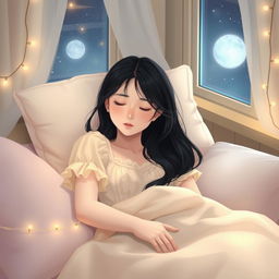 A serene scene of a Korean girl peacefully sleeping in her bedroom at night, surrounded by soft pillows and blankets, with a gentle moonlight illuminating her beautiful features