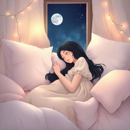 A serene scene of a Korean girl peacefully sleeping in her bedroom at night, surrounded by soft pillows and blankets, with a gentle moonlight illuminating her beautiful features