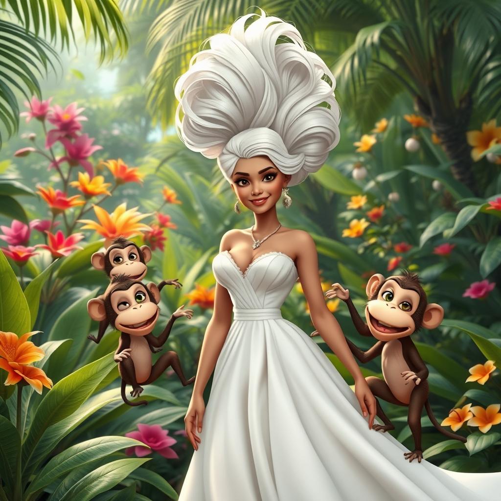 A beautiful white Cuban woman wearing a flowing white dress and an extravagant hairstyle typical of the 1800s