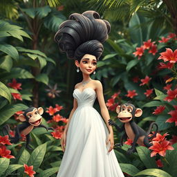 A beautiful white Cuban woman wearing a flowing white dress and an extravagant hairstyle typical of the 1800s