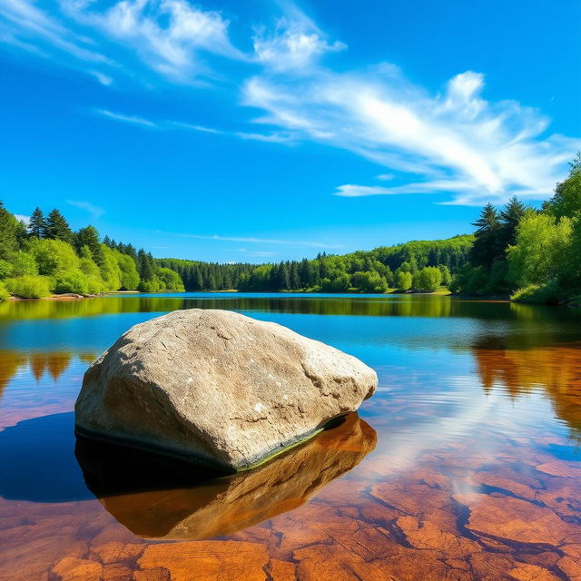 A vibrant and scenic landscape featuring a peaceful, serene lake surrounded by lush green trees and a clear blue sky