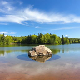 A vibrant and scenic landscape featuring a peaceful, serene lake surrounded by lush green trees and a clear blue sky