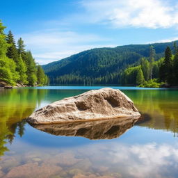 A vibrant and scenic landscape featuring a peaceful, serene lake surrounded by lush green trees and a clear blue sky