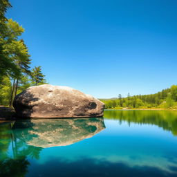 A vibrant and scenic landscape featuring a peaceful, serene lake surrounded by lush green trees and a clear blue sky