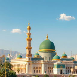 A serene and detailed depiction of the Masjid an-Nabawi in Madinah, Saudi Arabia, showcasing its iconic green dome and golden minarets, highlighted by intricate architectural designs and patterns