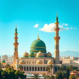 A serene and detailed depiction of the Masjid an-Nabawi in Madinah, Saudi Arabia, showcasing its iconic green dome and golden minarets, highlighted by intricate architectural designs and patterns