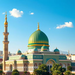 A serene and detailed depiction of the Masjid an-Nabawi in Madinah, Saudi Arabia, showcasing its iconic green dome and golden minarets, highlighted by intricate architectural designs and patterns