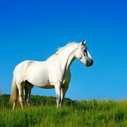 A majestic white horse standing gracefull in a lush green meadow under a clear blue sky.