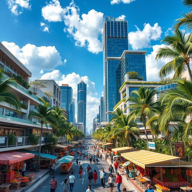 A beautiful modern tropical city featuring large contemporary skyscrapers, bustling streets filled with vibrant markets, colorful stalls, and palm trees lining the roads