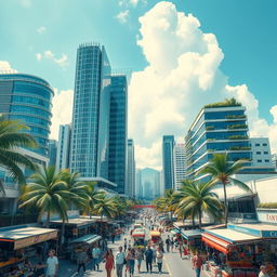 A beautiful modern tropical city featuring large contemporary skyscrapers, bustling streets filled with vibrant markets, colorful stalls, and palm trees lining the roads