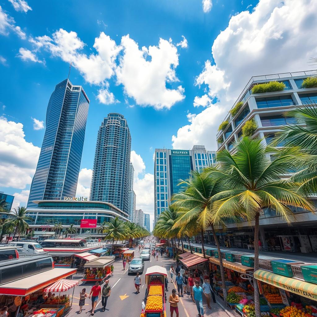 A beautiful modern tropical city featuring large contemporary skyscrapers, bustling streets filled with vibrant markets, colorful stalls, and palm trees lining the roads