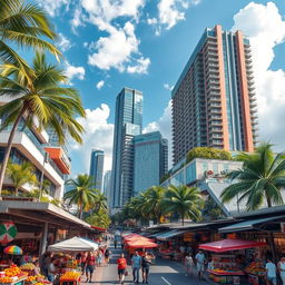 A beautiful modern tropical city featuring large contemporary skyscrapers, bustling streets filled with vibrant markets, colorful stalls, and palm trees lining the roads