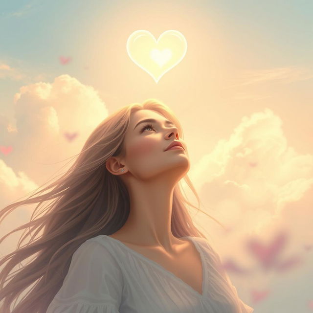 An ethereal scene depicting a woman named Madina gazing upwards with a serene expression, her long flowing hair gently swaying in the breeze