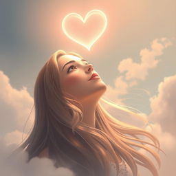 An ethereal scene depicting a woman named Madina gazing upwards with a serene expression, her long flowing hair gently swaying in the breeze