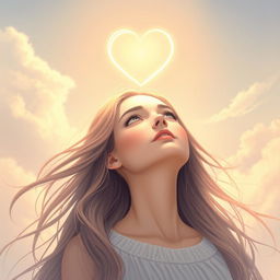 An ethereal scene depicting a woman named Madina gazing upwards with a serene expression, her long flowing hair gently swaying in the breeze