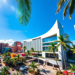 A grand modern building named Habana Plaish, showcasing sleek lines and contemporary architecture, surrounded by a vibrant tropical cityscape filled with lush greenery and colorful modern structures