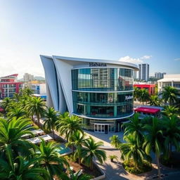 A grand modern building named Habana Plaish, showcasing sleek lines and contemporary architecture, surrounded by a vibrant tropical cityscape filled with lush greenery and colorful modern structures