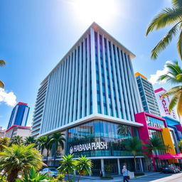 A grand modern building named Habana Plaish, showcasing sleek lines and contemporary architecture, surrounded by a vibrant tropical cityscape filled with lush greenery and colorful modern structures