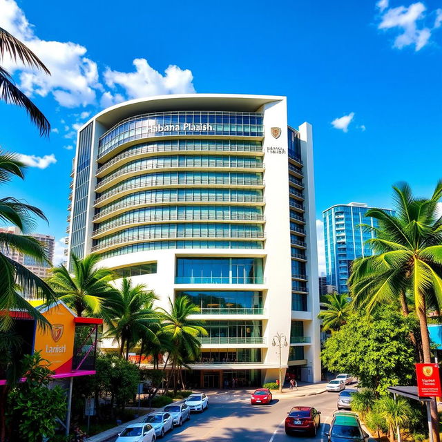 A grand modern building named Habana Plaish, showcasing sleek lines and contemporary architecture, surrounded by a vibrant tropical cityscape filled with lush greenery and colorful modern structures