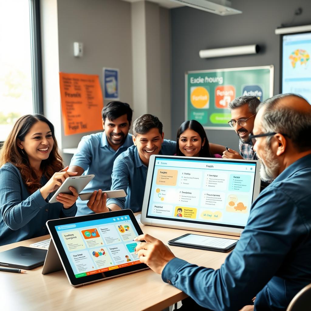 A vibrant classroom scene with a diverse group of adult learners enthusiastically engaged in a digital language learning environment
