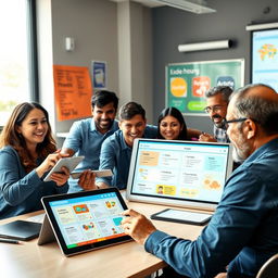 A vibrant classroom scene with a diverse group of adult learners enthusiastically engaged in a digital language learning environment
