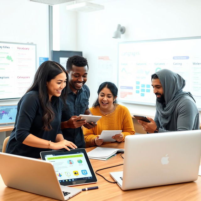 A vibrant classroom scene with a diverse group of adult learners enthusiastically engaged in a digital language learning environment