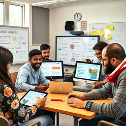 A vibrant classroom scene with a diverse group of adult learners enthusiastically engaged in a digital language learning environment