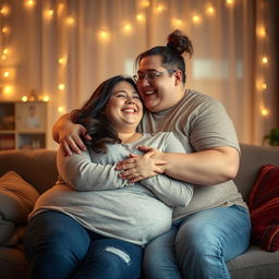 A tender scene of two plus-sized individuals embracing each other, radiating love and affection