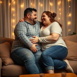 A tender scene of two plus-sized individuals embracing each other, radiating love and affection
