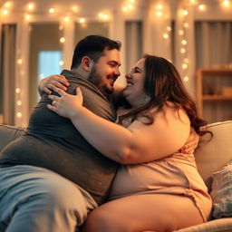 A tender scene of two plus-sized individuals embracing each other, radiating love and affection