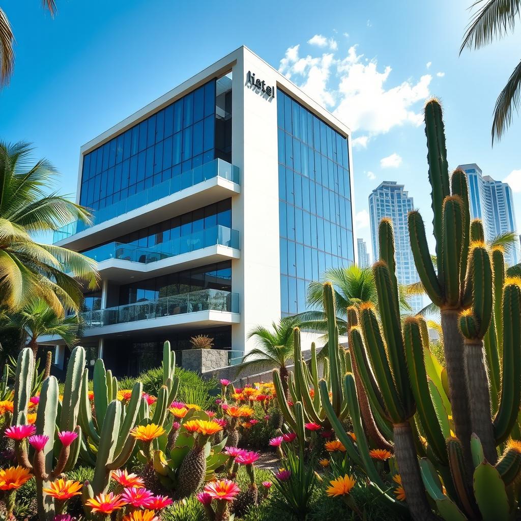 A modern building called Hotel Las Tunas located in a vibrant tropical city, surrounded by lush greenery and unique cacti