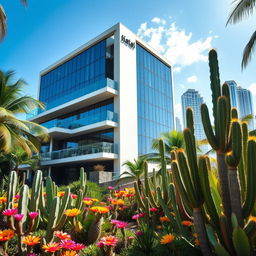 A modern building called Hotel Las Tunas located in a vibrant tropical city, surrounded by lush greenery and unique cacti