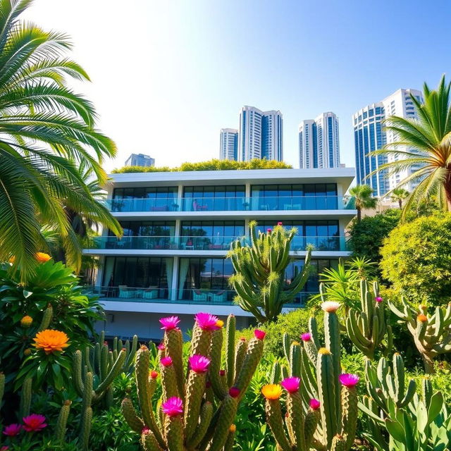 A modern building called Hotel Las Tunas located in a vibrant tropical city, surrounded by lush greenery and unique cacti