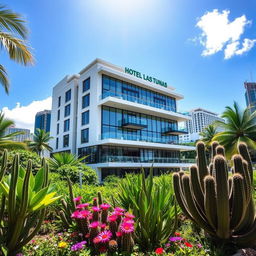 A modern building called Hotel Las Tunas located in a vibrant tropical city, surrounded by lush greenery and unique cacti